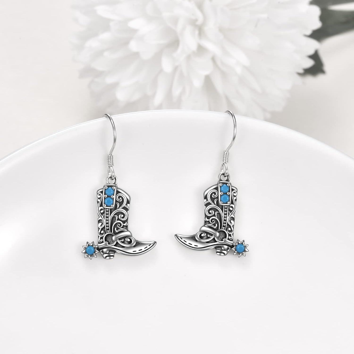 Sterling Silver Stone Western Cowgirl Boots Hat Cow Earrings Boho Dangle Drop-0-4