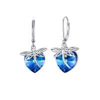 wholesale 925 Sterling Silver Blue Heart Drop Earrings With Crystal Detail-Dragonfly Crystals Earrings
