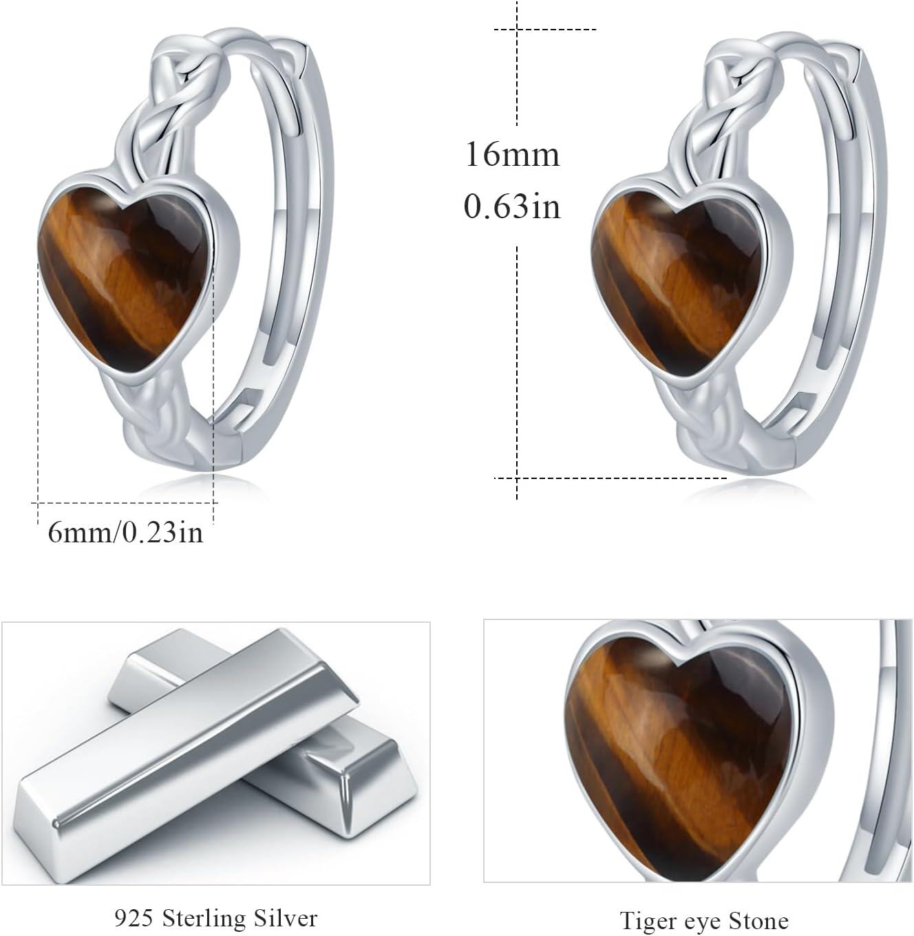 925 Sterling Silver Tiger Eye Stone Celtic Heart Hoop Earrings - Small Huggies  for Her-0-4
