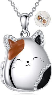 wholesale 925 Sterling Silver Cat Face Photo Locket Pendant Necklace for Women Girls Gifts 4 Colors Available-Cat