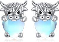wholesale 925 Sterling Silver Blue Moonstone Highland Cow Stud Earrings for Women Girls Animal  48x36mm-Highland Cow-Stud