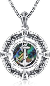 wholesale 925 Sterling Silver Nautical Compass Anchor with Abalone Shell Pendant Necklace -05-Compass Anchor