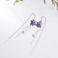 wholesale 925 Sterling Silver Cubic Zirconia Threader Earrings w/ Purple Daisy & Crystal Drop Charm-0-2