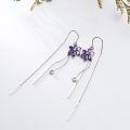 wholesale 925 Sterling Silver Cubic Zirconia Threader Earrings w/ Purple Daisy & Crystal Drop Charm-0-2
