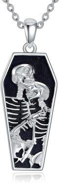 wholesale 925 Sterling Silver Gothic Coffin Skeleton Pendant Necklace with Black Enamel and Bat Design-0-0
