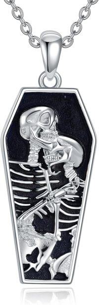 wholesale 925 Sterling Silver Gothic Coffin Skeleton Pendant Necklace with Black Enamel and Bat Design-skull couple