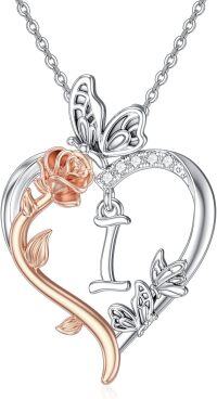 wholesale Sterling Silver Rose Heart Butterfly Initial Necklace for Women Anniversary Mother s Day Birthday Gift for Her Wife Girlfriend Mom-I Initial