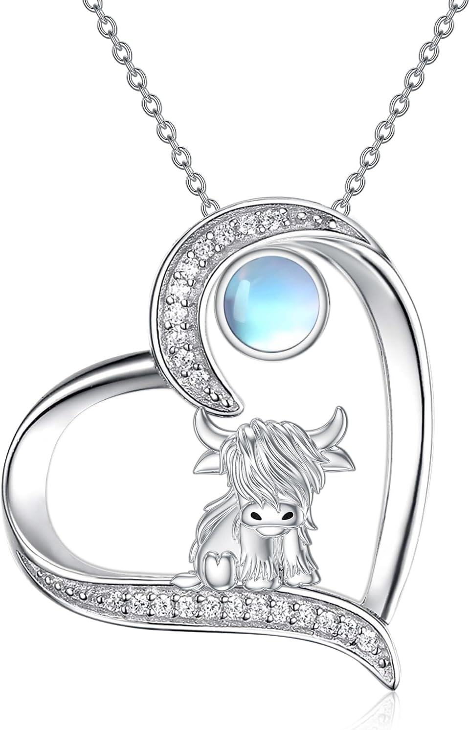Sterling Silver Highland Cow Birthstone Necklace Jewelry Gifts for Women Girls-3-5-Moonstone-3-5-Moonstone