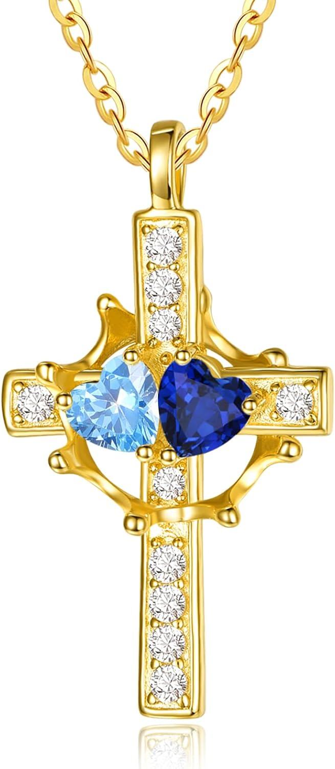 Sterling Silver Birthstones Gold Cross Necklace for Women -03-09-Mar-Sept-03-09-Mar-Sept