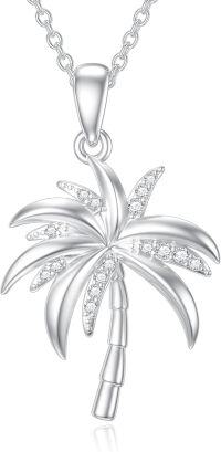 wholesale 14K White Gold Plated 925 Sterling Silver & F-G SI1-SI2 Natural Diamond 0.08ct Palm Tree Pendant Necklace 18+2 Chain-Silver Palm Tree