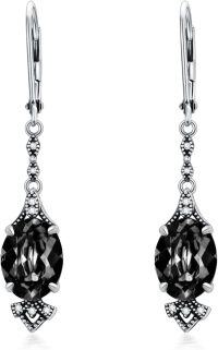 wholesale 925 Sterling Silver 9mm Oval Birthstone Vintage Leverback Dangle Drop Earrings-Black