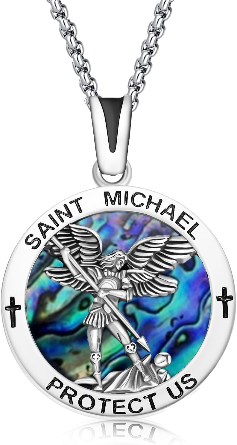 Sterling Silver Catholic Medal Necklace St Michael Christopher Benedict Virgin Mary Amulet Pendant for Men Women-St Michael(Abalone Shell)