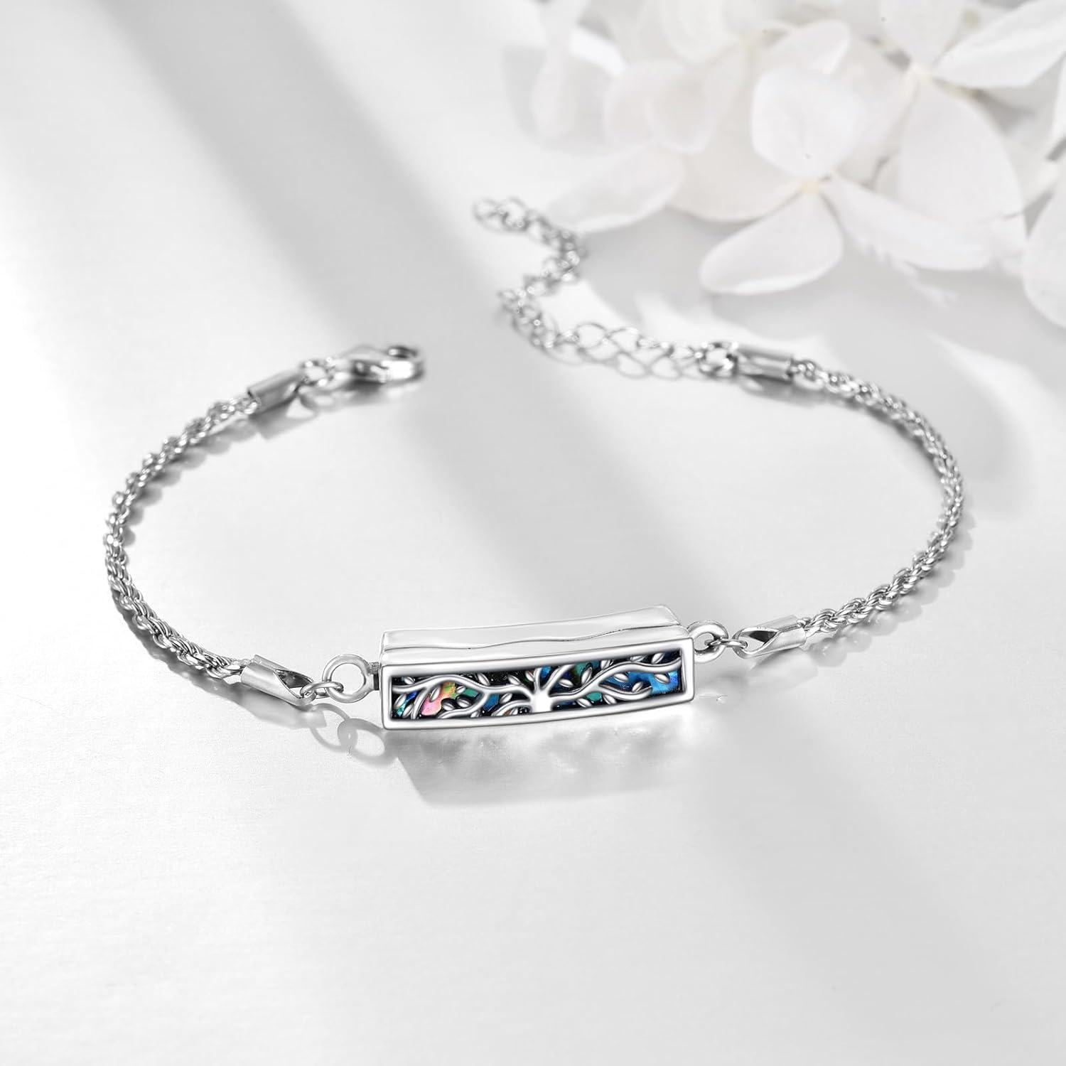 wholesale 925 Sterling Silver Tree of Life Abalone Shell Urn Keepsake Memorial Bracelet with Funnel and Fill Tool-0-2