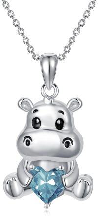wholesale Sterling Silver Animal Birthstone Necklace Otter Axolotl Hippo Pendant Jewelry Gift for Women-03-Mar-Hippo