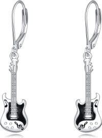 wholesale 925 Sterling Silver Guitar Earrings for Women Leverback Music Dangle Drop Jewelry Musical Gifts for Musicians-black