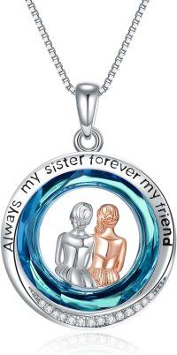 wholesale 925 Sterling Silver Blue Agate Moon Heart Sister Pendant Necklace Gifts for Women-Crystal