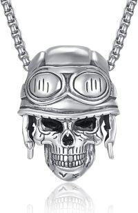 wholesale 925 Sterling Silver Aviator Skull Pendant Necklace for Men - Gothic-Motorcyclist