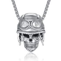 wholesale 925 Sterling Silver Aviator Skull Pendant Necklace for Men - Gothic-Motorcyclist