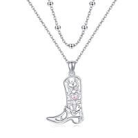 wholesale 925 Sterling Silver Cowboy Boot Pendant Necklace With Pink Heart-Cowboy Boot