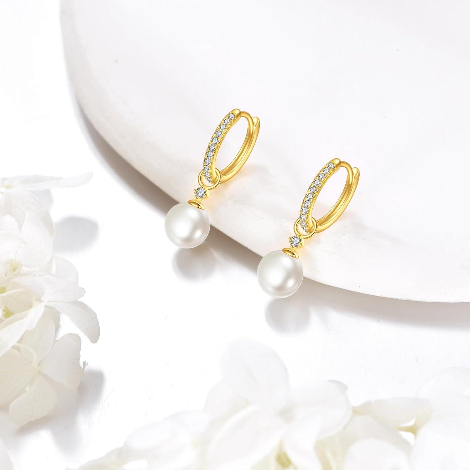 Gold Zircon Pearl Huggie Earrings for Women Solid Jewelry Gifts-0-3