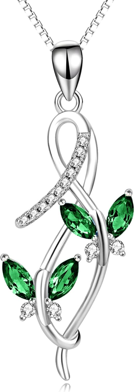 Sterling Silver Austrian Crystal Infinity Butterfly Pendant Necklace-A-Emerald Green