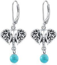 wholesale 925 Sterling Silver Vintage Green Turquoise Elephant Fox Horse Dolphin Dangle Leverback Earrings-Elephant