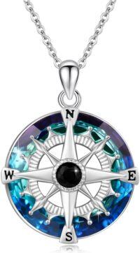 wholesale 925 Sterling Silver Blue Zircon Nautical Compass Pendant Necklace-Graduation