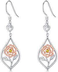 wholesale 925 Sterling Silver Rose Dangle Earrings with Birthstone Flower Jewelry for Women-November-Topaz