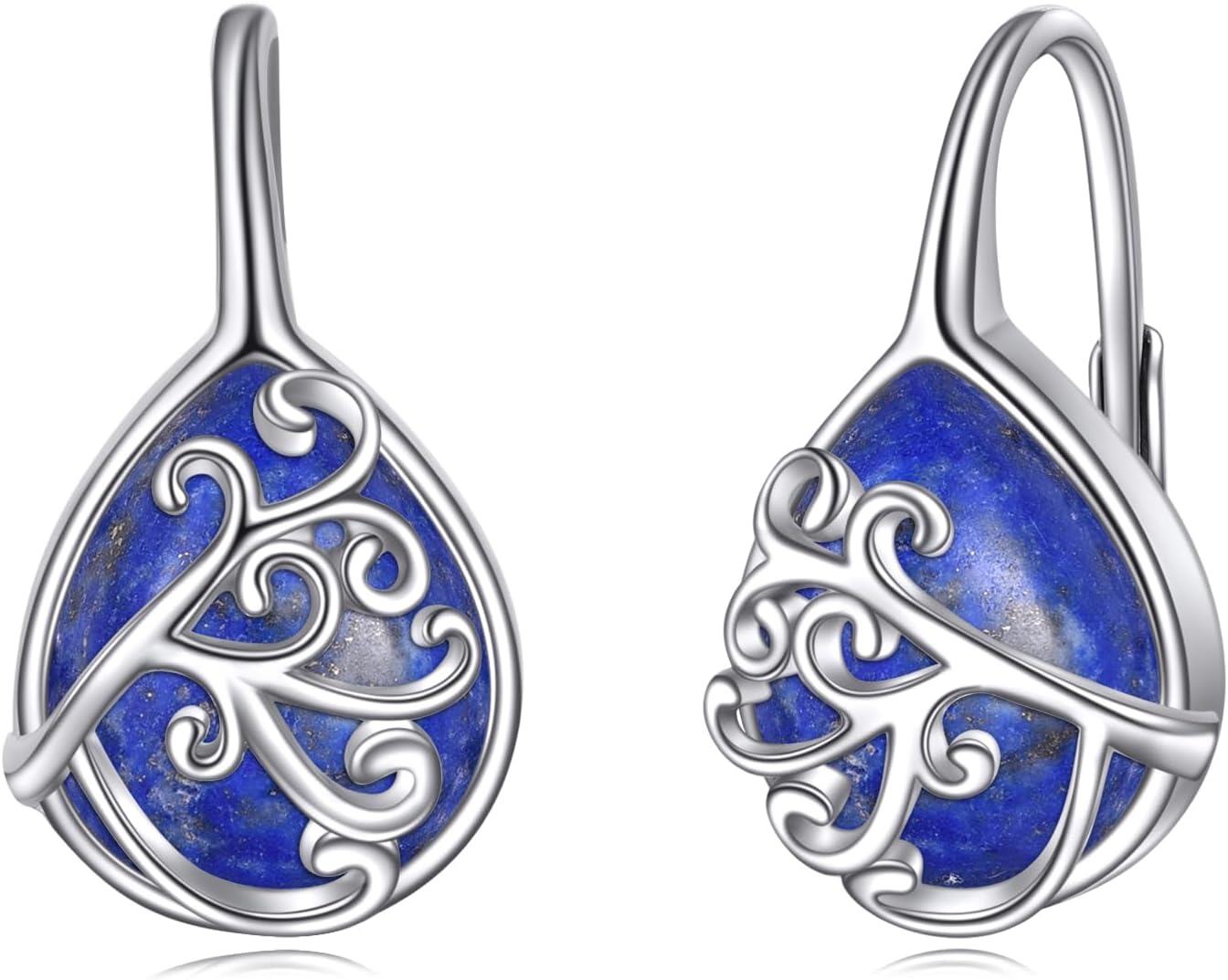 Sterling Silver Moonstone Lapis Onyx Agate Emerald Filigree Huggie Hoop Earrings-Lapis Lazuli