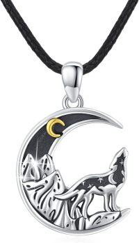 wholesale 925 Sterling Silver Moon and Wolf Pendant Necklace with Black Onyx for Women-Wolf and Moon Necklace