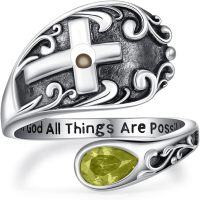 wholesale Sterling Silver with 12 Teardrop Birthstones Vintage Cross Spoon Ring With God All Things Possible Adjustable Faith Ring-August