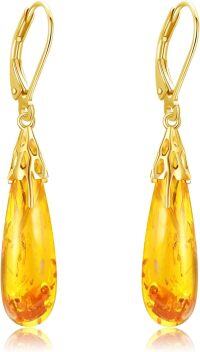 wholesale 925 Sterling Silver Plated Gold Teardrop Dangle Earrings with Citrine and Gold  Hooks-Bee Amber Earrings