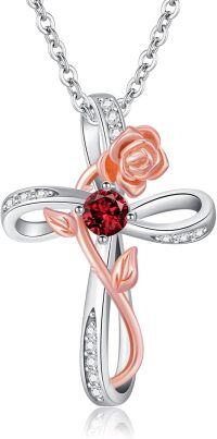 wholesale Two Tone Rose Gold 925 Sterling Silver Cross Pendant Necklace with 12 Cubic Zirconia Birthstones for Women-01-January Birthstone