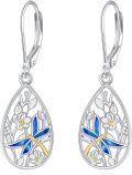 wholesale 925 Sterling Silver Dragonfly Teardrop Leverback Drop Earrings with Blue Enamel and Gold Accents - Christmas Gift Ideas for Her-0-0