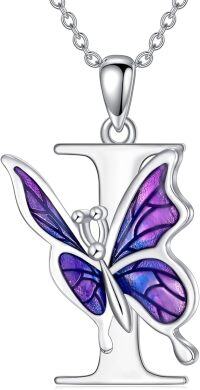 wholesale Sterling Silver Purple Butterfly A Z 26 Letters Pendant Necklace-Letter I-Letter I
