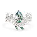 TOUPOP 10k 14k 18k Gold Sterling Silver Natural Moss Agate Moissanite Pear Ring Set-0-0