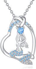 wholesale 925 Sterling Silver Heart-Shaped Mermaid Pendant Necklace with Blue Crystal Accents - Gifts for Her-0-0
