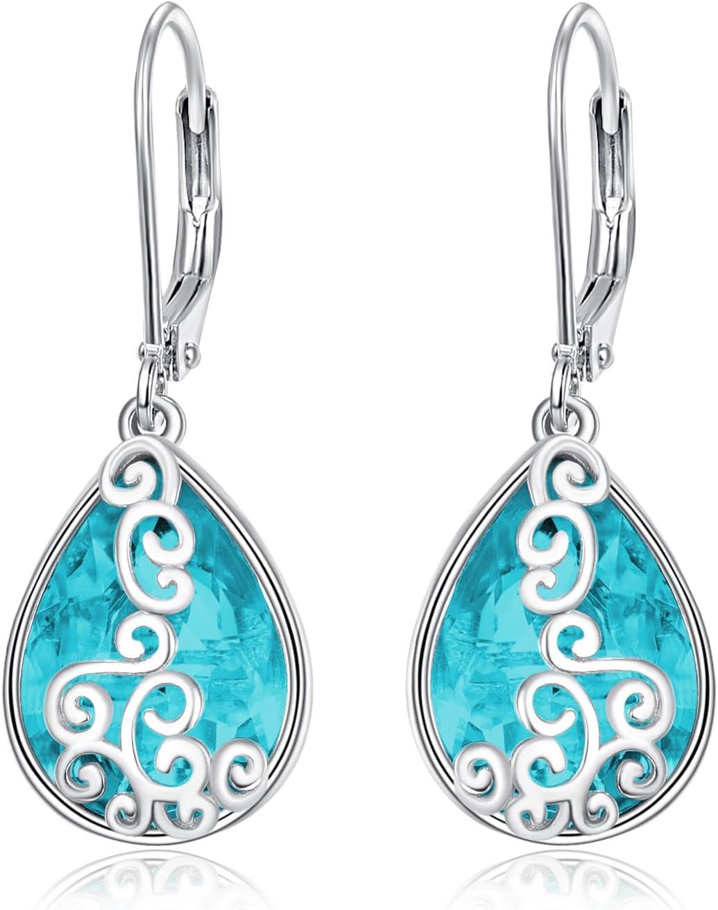 Sterling Silver Birthstone Teardrop Leverback Dangle Earrings-aquamarine
