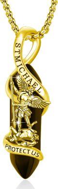 wholesale Gold 925 Sterling Silver Onyx Saint Michael Angel Protect Us Charm Necklace Catholic Jewelry-0-0