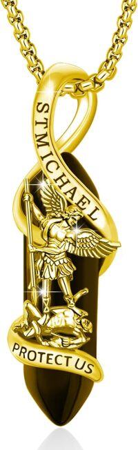 wholesale Gold 925 Sterling Silver Onyx Saint Michael Angel Protect Us Charm Necklace Catholic Jewelry-Gold