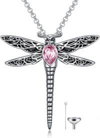 wholesale Sterling Silver Stone Dragonfly Urn Necklace for Ashes w Filling Tool-Crystal-Pink