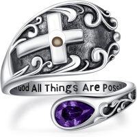 wholesale Sterling Silver with 12 Teardrop Birthstones Vintage Cross Spoon Ring With God All Things Possible Adjustable Faith Ring-February