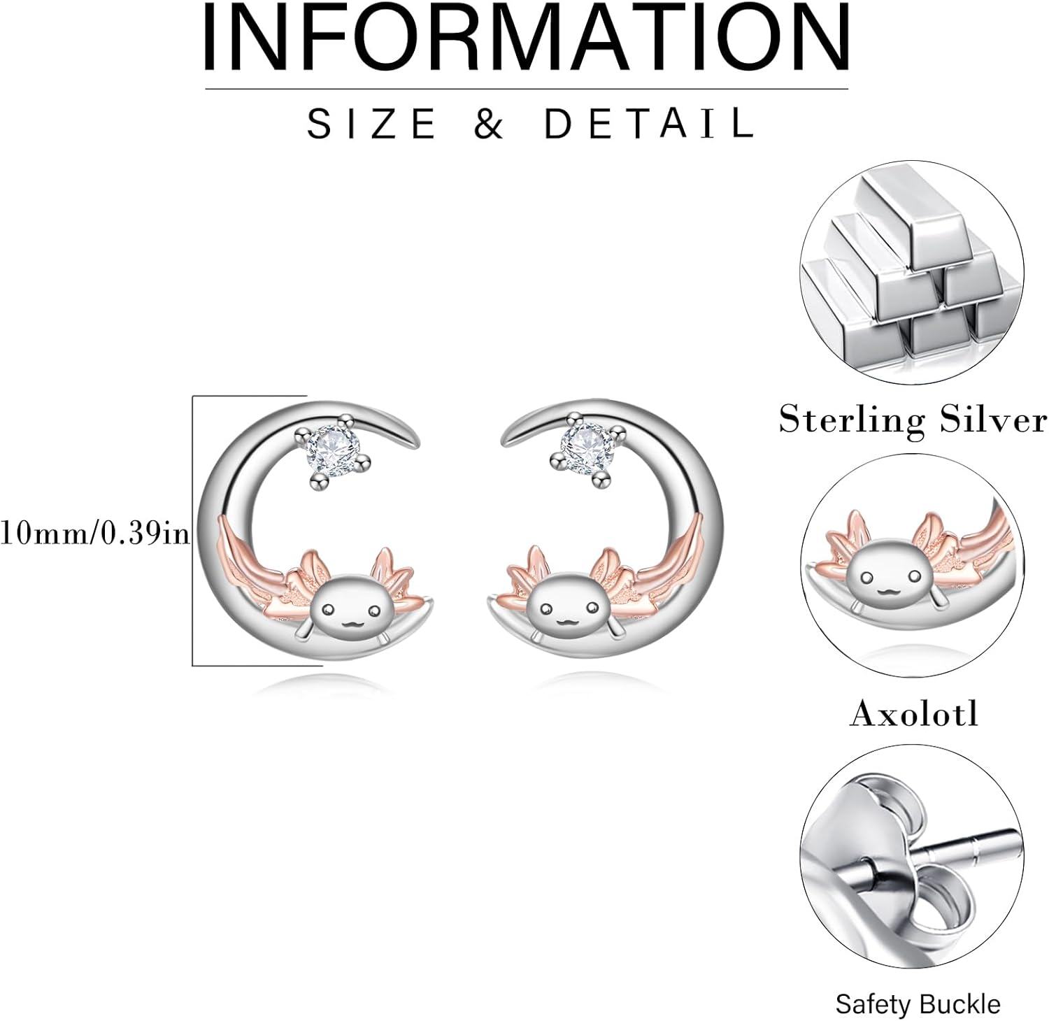 925 Sterling Silver Axolotl Moon Stud Earrings with Rose Gold Accents and Cubic Zirconia Stones for Women-0-5