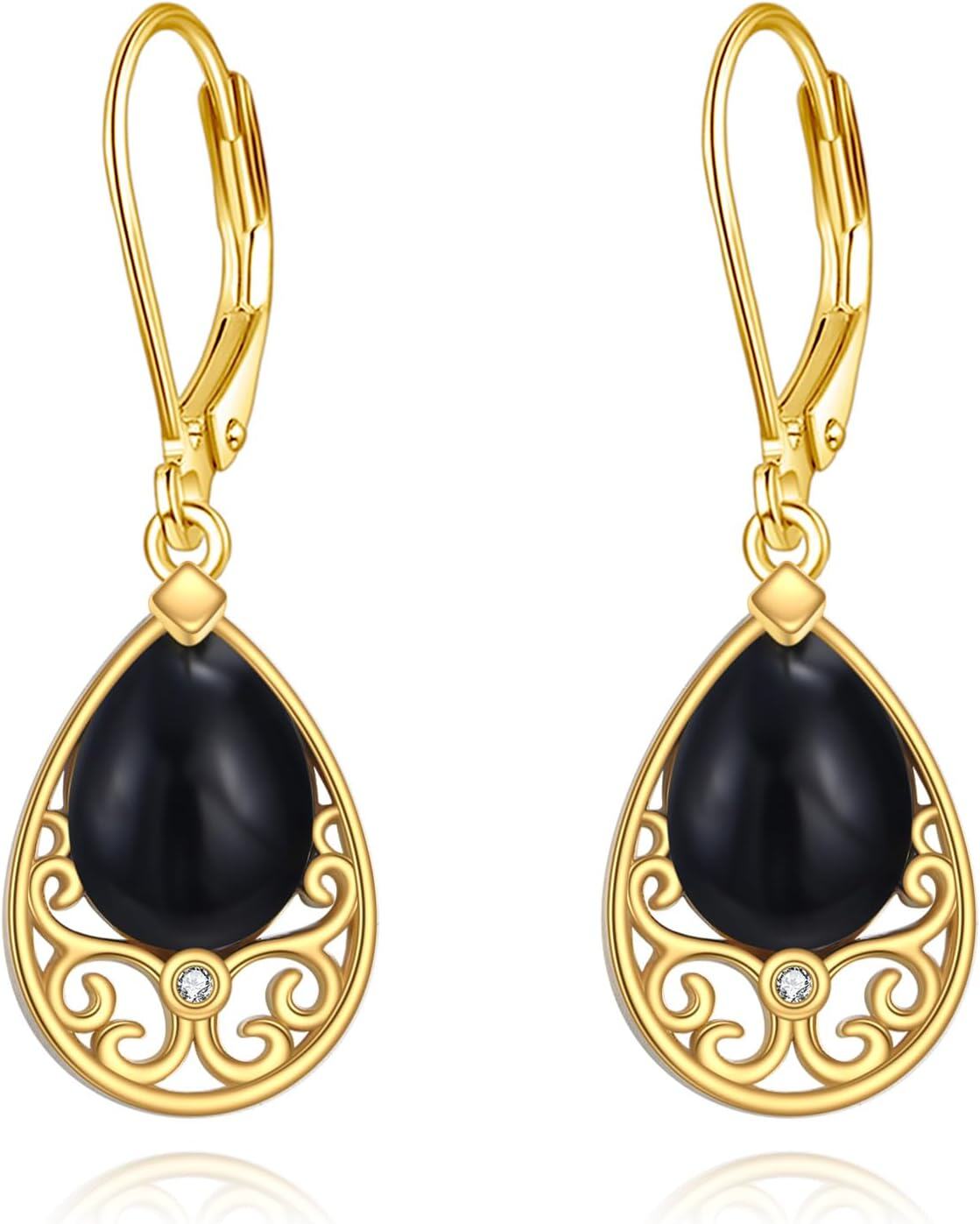 14K Gold Plated Sterling Silver Black Onyx Dangle Leverback Earrings-0-0