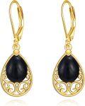 wholesale Gold-Plated 925 Sterling Silver Teardrop Black Onyx Filigree Drop Earrings with Leverbacks-0-0