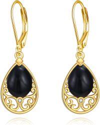 wholesale Gold-Plated 925 Sterling Silver Teardrop Black Onyx Filigree Drop Earrings with Leverbacks-Black Onyx Earrings