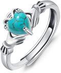 wholesale Sterling Silver Heart Turquoise Claddagh Ring - Adjustable Size 6-11, Love Loyalty Friendship, Retro Oxidized Finish w/ Dark Green Jewelry Box-0-0