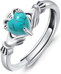 wholesale Sterling Silver Heart Turquoise Claddagh Ring - Adjustable Size 6-11, Love Loyalty Friendship, Retro Oxidized Finish w/ Dark Green Jewelry Box-Style B