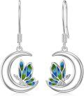wholesale 925 Sterling Silver Butterfly Crescent Moon Drop Earrings with Green and Blue Enamel Accents-0-0