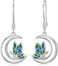 wholesale 925 Sterling Silver Butterfly Crescent Moon Drop Earrings with Green and Blue Enamel Accents-Butterfly